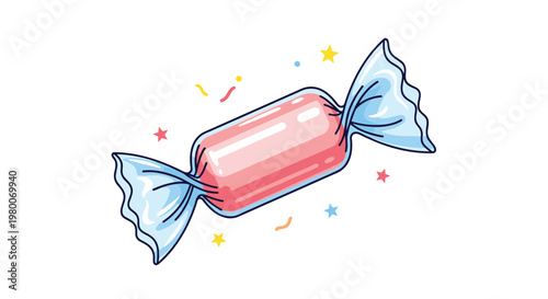 Wrapped pink candy illustration with colorful stars around it depicting a sweet treat and sugar-filled snack for kids and parties.