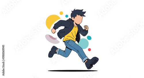 Energetic cartoon boy running quickly across the frame with colorful circles in the background representing speed and active play.