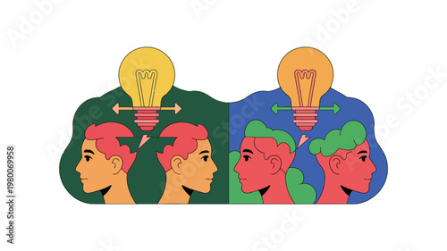 Creative brainstorming and idea generation concept flat vector illustration of human heads