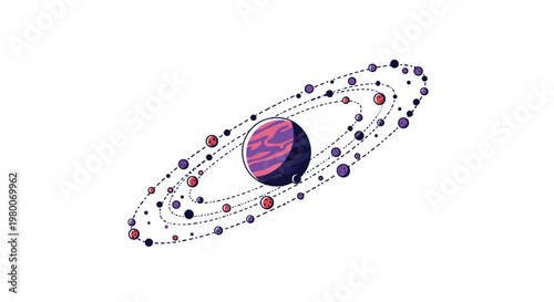 Stylized solar system illustration with a purple planet surrounded by numerous orbiting moons and space debris on a white background.