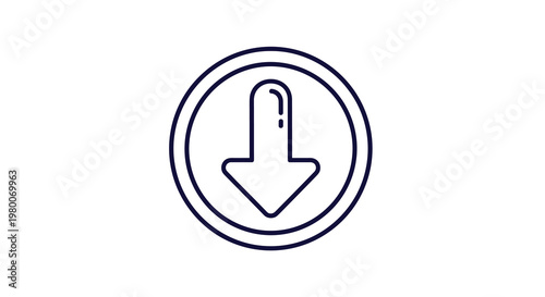 Circular icon containing a thick arrow pointing downwards representing a download button, navigation, or moving to a lower level.