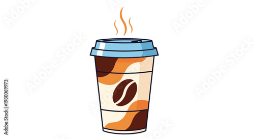 Disposable paper coffee cup with a coffee bean logo on the sleeve and hot steam rising from the blue lid for a morning energy boost.