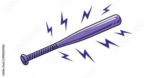 Purple baseball bat surrounded by blue lightning bolts to symbolize power, energy, and hitting a home run in dynamic sports games.