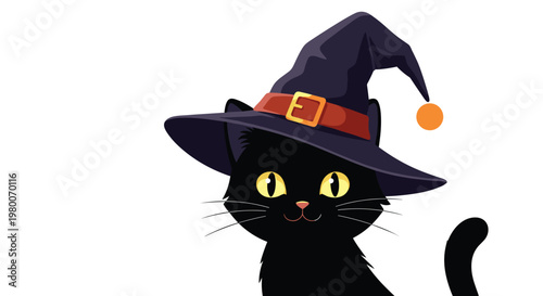 Cute cartoon black cat wearing a purple witch hat with a red band and orange pompom for Halloween holiday celebrations.