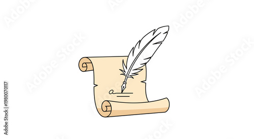 Classic illustration of an old parchment scroll being written on by a white quill pen representing literature and history.
