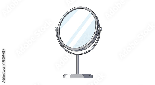Modern circular makeup mirror on a silver metal stand with an adjustable tilting frame isolated on a plain white background.