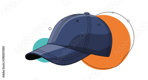 Classic blue baseball cap with an curved brim seen from the side against a background of orange and teal geometric shapes.
