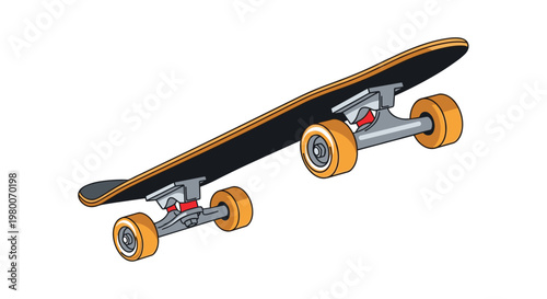 Dynamic view of a skateboard with orange wheels and a black grip tape deck isolated on a white background for sports design.