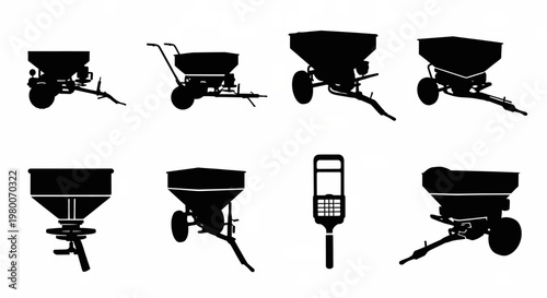 Collection of silhouetted lawn spreaders and fertilizer applicators for gardening and landscaping projects conceptual industrial equipment graphics