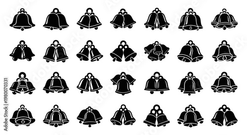 Collection of various black silhouette christmas bells and jingle bells in different styles and arrangements isolated on a clean white background representing holiday season