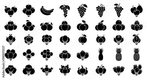 Collection of diverse fruit and vegetable icons representing healthy food choices and natural ingredients artistic silhouette graphics for culinary and lifestyle design concepts
