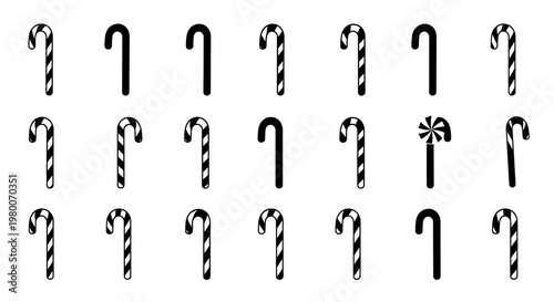 Collection of christmas candy cane icons in various styles including striped solid black and a pinwheel design isolated on a clean white background perfect for holiday design