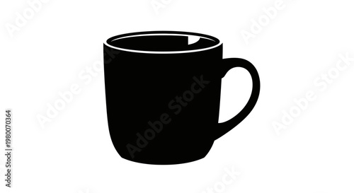 Simple black silhouette of a classic ceramic mug with a handle isolated on a clean white background symbolizing morning coffee tea or hot beverages for everyday use and relaxation