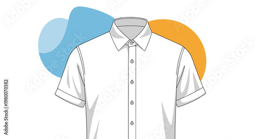 Classic white short-sleeved button-up shirt for men against a background of blue and orange abstract shapes for apparel design.