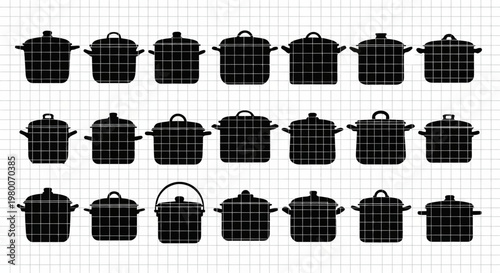 Collection of various black silhouette cooking pots and saucepans with lids presented in a grid layout against a subtle white checkered background symbolizing kitchenware