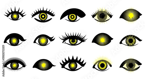 Collection of stylized graphic eyes with vibrant yellow glowing pupils and intricate black lash details against a clean white background representing vision and perception