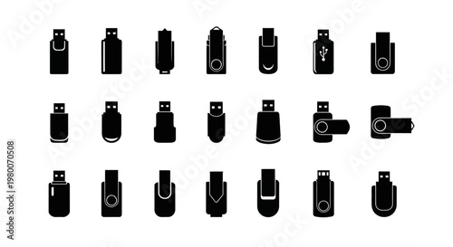 Diverse collection of black usb flash drive icons and symbols showcasing various designs and connector types isolated on a clean white background representing digital storage