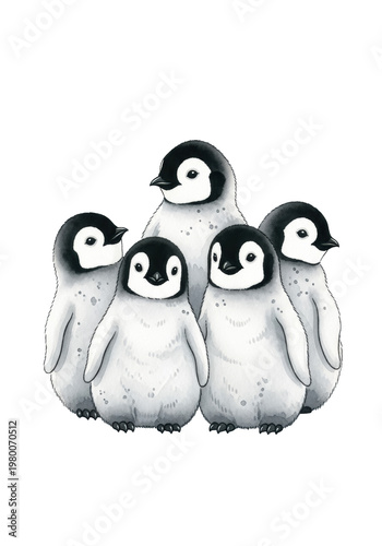 Three adorable fluffy baby emperor penguin chicks huddled together in a charming hand-painted watercolor illustration against a transparent isolated background with copy space. concept for nursery