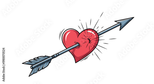 Red heart symbol being pierced through by a sharp metal arrow representing love, heartbreak, or cupids aim in a detailed hand drawn style.