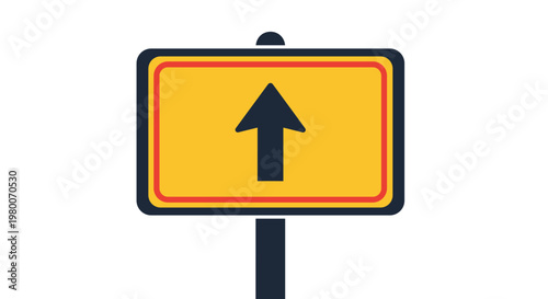 Simple yellow rectangular road sign with a red border and a black upward pointing arrow mounted on a dark grey pole.
