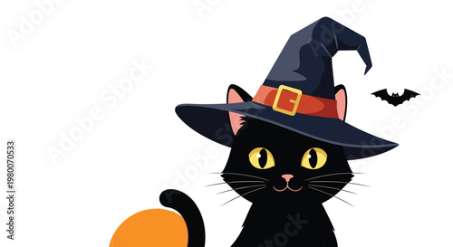 Friendly black cat wearing a purple witch hat looking forward with a small bat silhouette and pumpkin top in the background.