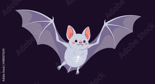 Adorable cartoon bat with large ears and pink cheeks flying with wings spread against a dark purple background for cute halloween themes.