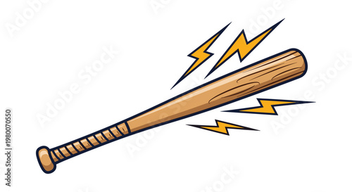 Classic wooden baseball bat with yellow lightning bolts indicating power or impact in a retro comic book style illustration for sports themes.