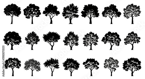 Collection of diverse silhouetted deciduous trees in various shapes and sizes against a clean white background representing nature's variety and growth ideal for design elements