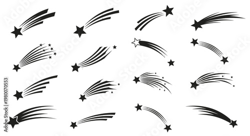 Collection of diverse stylized shooting star icons and symbols representing wishes dreams and celestial events with streaks and trails on a clean white grid background