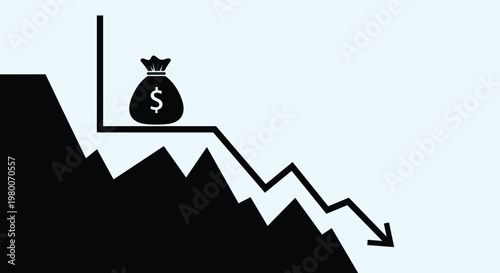 Financial loss and economic recession concept showing a money bag on a declining line chart with negative growth over a light blue background.