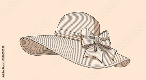 Elegant womens straw sun hat with a decorative ribbon and bow in a classic vintage engraving style illustration for summer fashion themes.