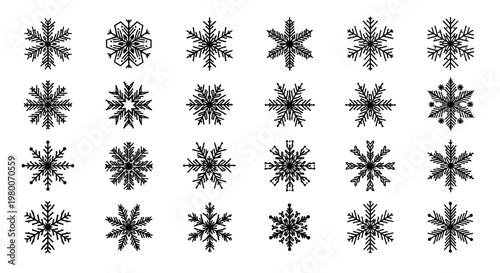 Collection of intricate black snowflake icons and symbols representing winter frost and cold weather isolated on a clean white background for graphic design elements and seasonal