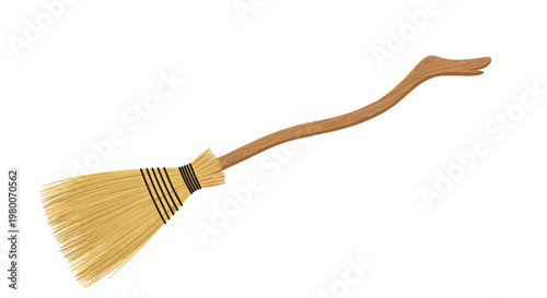 Classic wooden broomstick with a straw brush and a curved handle shown in a simple hand drawn illustration style for cleaning and magic themes.