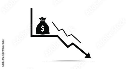 Financial decline and money loss concept showing a dollar bag on a downward trending line graph over a white background for business reports.