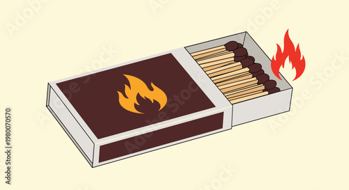 Open matchbox with several matches inside and one burning with a red flame on the side for fire safety and emergency concept illustration.