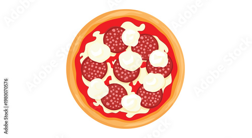Top view of delicious whole pepperoni pizza with melting mozzarella cheese and tomato sauce on a white background for food delivery concept.