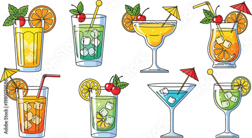 Tropical cocktail vector set with colorful summer drinks and fruit garnishes in flat design style for bar menu