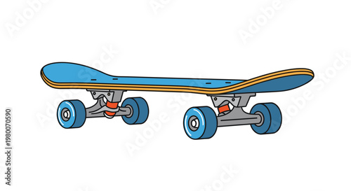 Classic four wheeled blue skateboard with a wooden deck and orange bushings seen from a side profile view for urban leisure and sports themes.