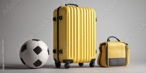 A bright yellow hard-shell suitcase stands next to a classic black and white soccer ball and a matching yellow travel bag, all set against a clean grey studio background for travel concepts