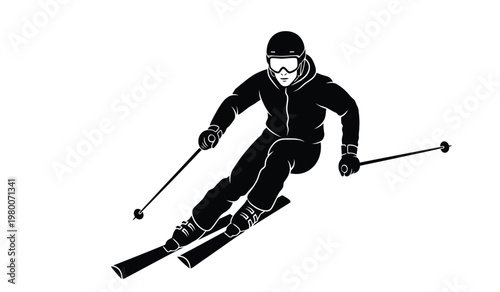 A dynamic depiction of a skier in motion captured with bold lines and a striking black form silhouette high quality professional detailed modern elegant
