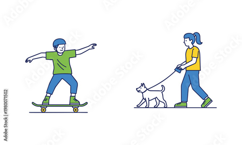 A boy skateboarding and a girl walking her dog in a park setting
