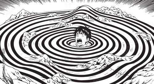 Black and white manga style illustration, man trapped in swirling vortex, abstract psychological concept