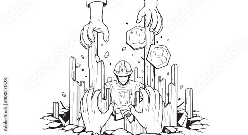 Robot, futuristic illustration, sci-fi character, metallic figure, destroyed cityscape background