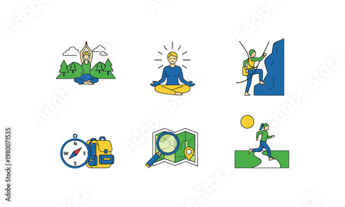 Illustrations of various outdoor and mindfulness activities for adventure seekers