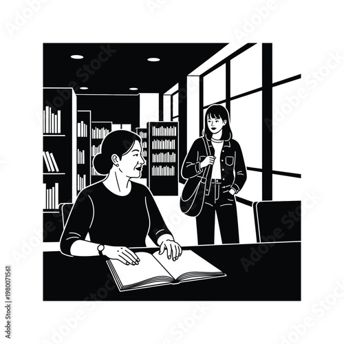 Two women in library, one seated at table reading book, other standing near window, both observing each other.