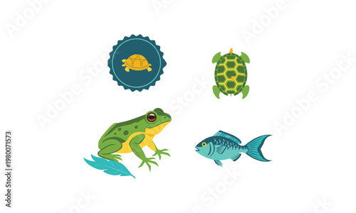 Konstfotografi Colorful aquatic and amphibious creatures in a playful illustration