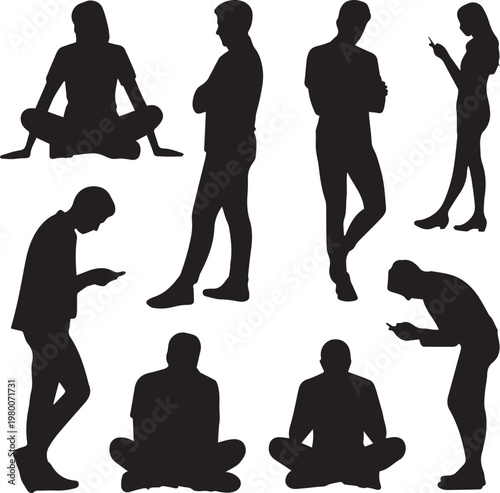 Black silhouette figures dancing in a row isolated on white background dancing figures