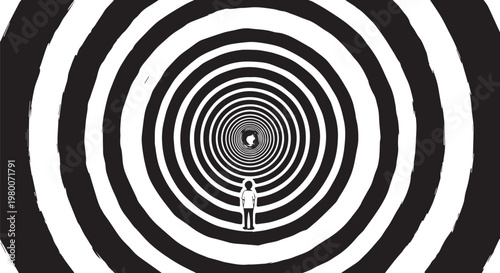 Optical illusion, black and white, concentric circles, surreal tunnel, minimalist design, geometric pattern