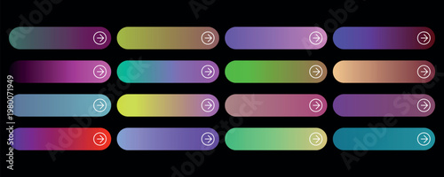 Modern gradient web buttons set, 16 colorful UI elements with arrow icons, sleek glassmorphism call to action bars for website and app interface design
