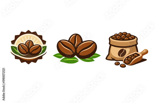 Premium Arabica Coffee Beans Vector Icon Set featuring Roasted Bean Badge, Sack of Coffee with Wooden Scoop, and Organic Green Leaves, Simple Flat Illustration for Cafe Branding and Packaging.
